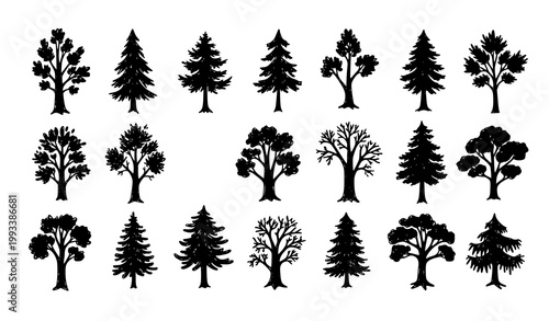 Hand drawn tree silhouette vector set with rough sketch style natural forest shapes isolated on white