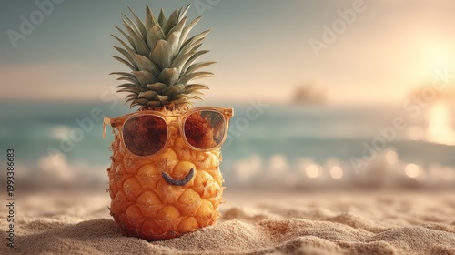 Smiling Pineapple on a Tropical Beach Scene at Sunset with Warm Colors and Relaxing Vibe