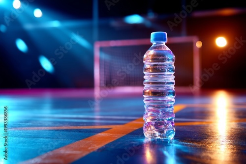 Vibrant Water Bottle on Gym Floor with Blue Lighting and Sporty Atmosphere