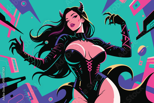 Beautiful Sexy Woman Demon Vector Illustration Creative Design Template 