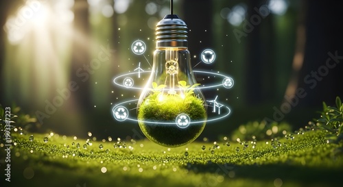 A glowing lightbulb with a green earth inside, surrounded by eco-friendly symbols in a forest setting.
