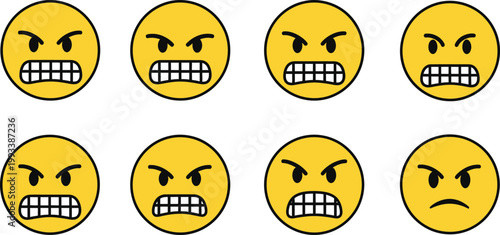 A collection of eight yellow emoticons displaying varying degrees of anger and frustration arranged in a grid pattern