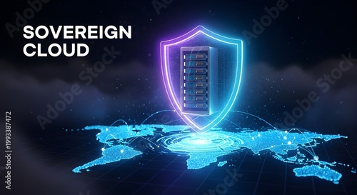 A glowing shield protects a server on a world map, symbolizing secure data storage in a sovereign cloud.
