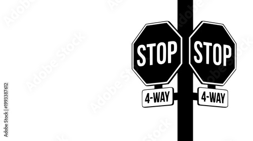 Close Up Stop Sign with 4-Way Plaque Traffic Safety Vector