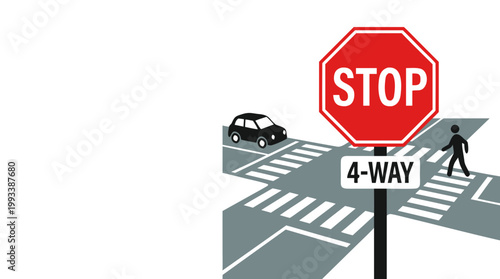 4 Way Stop Intersection with Traffic Signs and Cars Flat Vector