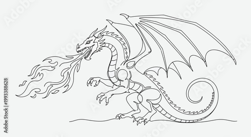 Dragon breathing fire with wings spread.