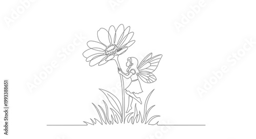 Fairy standing next to a flower.
