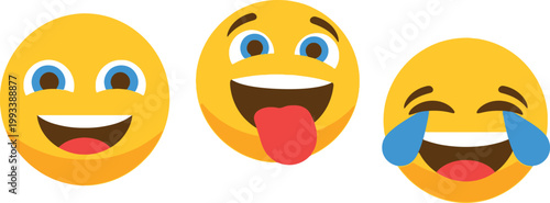 Three yellow emoji faces displaying a range of emotions happiness joyful excitement and overwhelming laughter