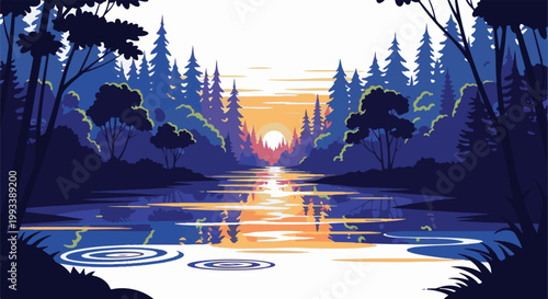 Serene forest lake at sunset with colorful sky and reflections