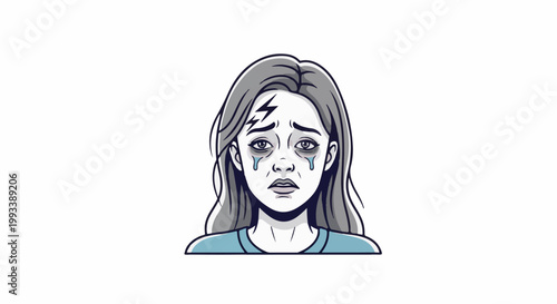 Sad, distressed female face with tears and a lightning bolt symbol on forehead