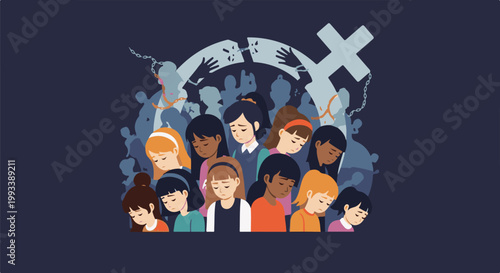 Sad girls bowing heads, broken chains, and a symbolic gender cross in a dark scene
