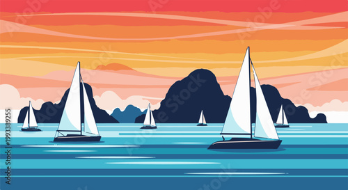 Sailboats navigate calm waters against a dramatic sunset sky and silhouetted islands