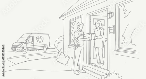 Delivery person handing package to woman at doorstep.