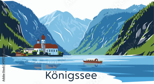 Serene mountain lake with a distant church and a boat