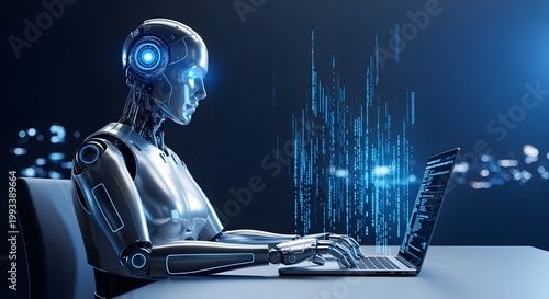 A futuristic robot sitting at a desk working on a laptop with digital code rising from the screen