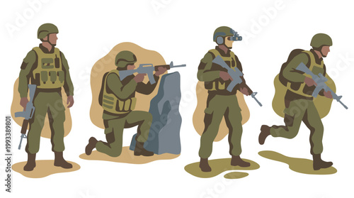 Modern soldier vector illustration set: tactical infantry figures in flat design, organic shapes