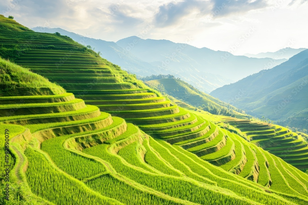 Fototapeta premium Rice terraces in a hilly region during daylight hours near a mountain range showing lush green fields
