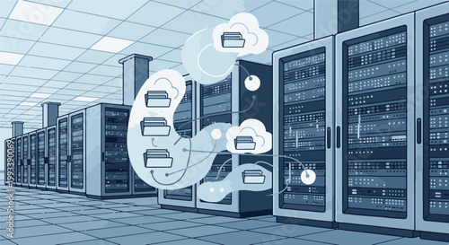 Rows of server racks with data flow to clouds