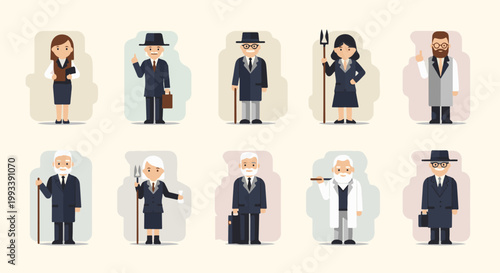 Pixelated figures depict diverse professionals in suits and accessories, holding tools and briefcases