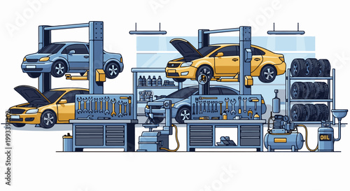 Pixel art depiction of a busy car repair shop with vehicles on lifts and tools