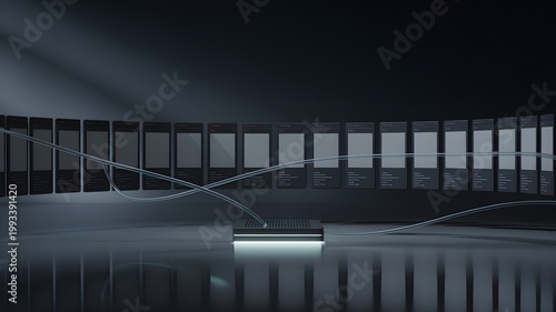 Futuristic empty showroom with conveyor, container and reflective floor suggesting autonomous commerce flow and automated supply chain decisioning.