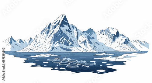 Pixelated arctic mountains above icy water with a circular aquaculture farm