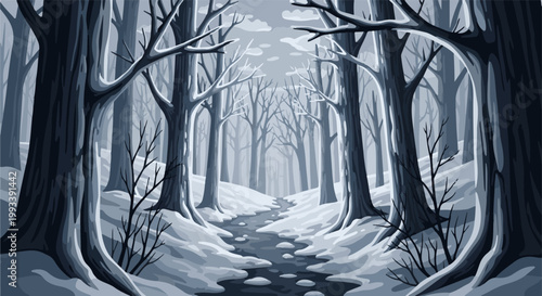 Pixel art depicts a serene, snow-covered forest with a winding stream, in muted blue tones