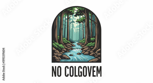 Pixel art forest scene with a stream, framed in an arch, text below