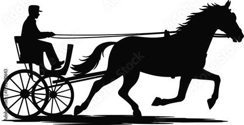 Horse carriage silhouette with driver, vintage transport vector illustration, classic buggy ride for historical and travel themes