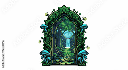 Pixel art gateway to a magical forest with glowing mushrooms and fireflies