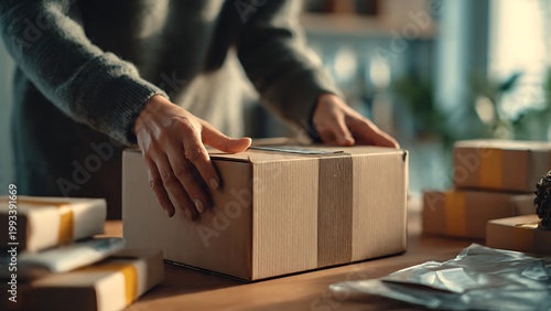 Hands packing cardboard box with products on table creating e commerce shipping and small business concept