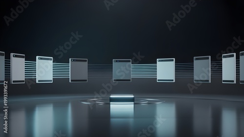 Single robotic slot machine array representing autonomous commerce system with digital transaction, inventory and payment automation in futuristic retail environment.