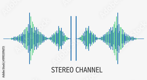 An abstract vector illustration of a digital music equalizer featuring a blue audio speaker icon and technology waveform lines on a sound frequency data spectrum background