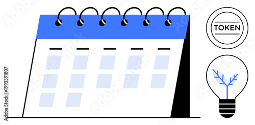 Time management, innovation planning, organization, project scheduling, brainstorming, productivity. Spiral-bound calendar with token and lightbulb icons. Time management and innovation concept
