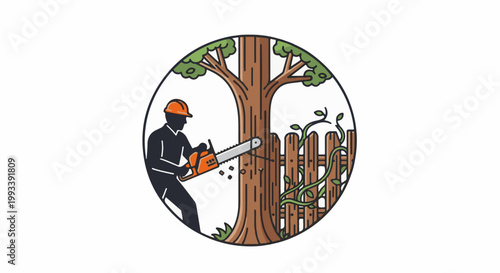 Person wearing hard hat cuts tree with chainsaw near wooden fence