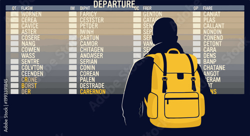 Person with a yellow backpack stands before a departure board at a station