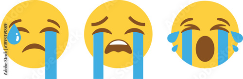 A sequence of three yellow emoji faces depicting escalating levels of sadness and emotional distress from mild to extreme grief