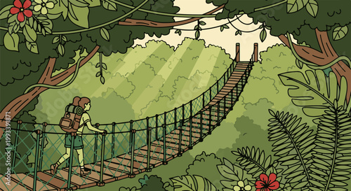 Person with backpack walks across a suspension bridge in a lush, green jungle