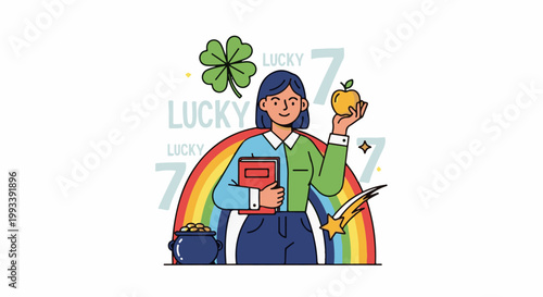 Person with book, apple, and pot of gold under rainbow, surrounded by lucky symbols