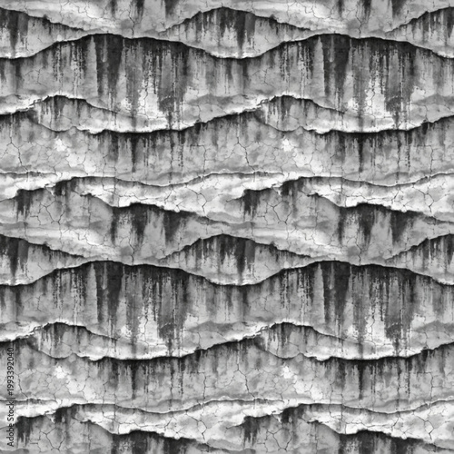 A grayscale image of a cracked and weathered surface with peeling layers