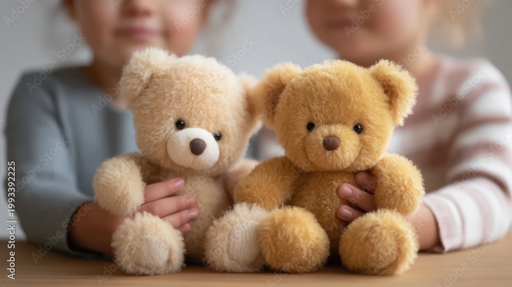 Fototapeta premium Two Adorable Teddy Bears Held by Children in Soft and Cozy Setting for Children's Room Decor or Gift Ideas
