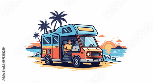 Person working on laptop inside a camper van by the beach at sunset