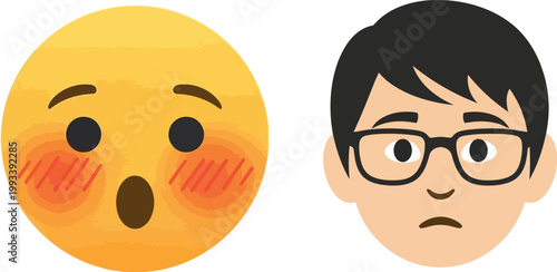 A digital illustration depicts a surprised emoji face alongside a portrait of a young man wearing glasses conveying contrasting emotions