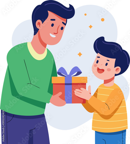 a son giving his father wrapped gift box