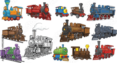 Steam Engine Train Vector Set Featuring Colorful Vintage Locomotives Toy Trains And Detailed Railway Transport Illustrations For Kids