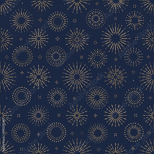 Seamless gold fireworks pattern on dark blue background elegant festive burst geometric design for celebration wrapping paper or wallpaper