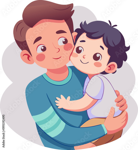Cute father hugging little son tightly, emotional bonding, soft pastel colors, adorable cartoon vector , vector EPS vector icon
