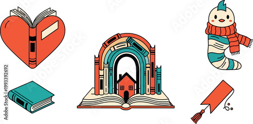 Cozy Book Lover Sticker Set Vector Illustration, Heart Shaped Open Book, Rainbow Bookshelf, Cute Bookworm and Bookmark Icons, Hand-Drawn Flat Design for Reading Enthusiasts and Library Branding