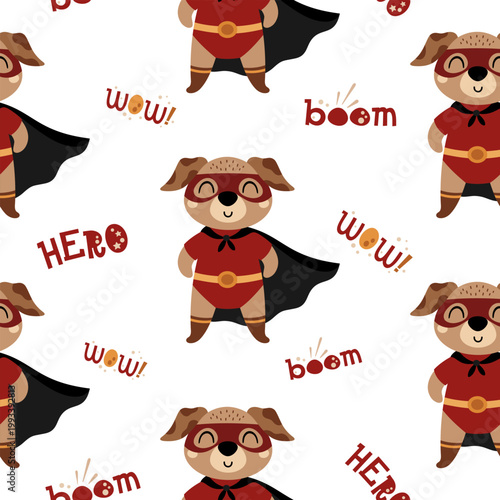 Superhero Dog Seamless Pattern. Comic Background. Cartoon Hero Animal Vector Repeat Design.