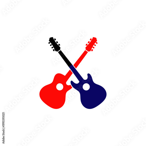 Two Crossed Electric Guitars, Red and Blue, Isolated on White Background